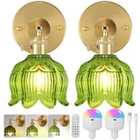Rosnek Wandleuchte LED Wandlampe Modern Dimmbar RGB mit Fernbedienung, Glas Grüne Blumen, Einstellbar, LED fest integriert, Warmweiß, Neutralweiß, Kaltweiß, RGB, Helligkeit einstellbar von 15%-100%, Timer, Wiederaufladbar E27 Kabelloses Nachtlicht fü