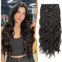 LuxusKollektion Kunsthaar-Extension Clip in Haarverlängerung 50CM Lang Wellig Schwarz Braun 6PCs Voller