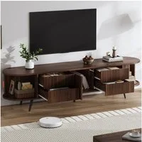 STILVORA Lowboard TV-Schrank mit 4 Schubladen Ovaler TV-Ständer für bis zu 80 Zoll (Wohnzimmerschrank mit Vertikalen Streifen Design, Rollladentürdesign, für bis zu 80 Zoll), Nussbaum dunkel