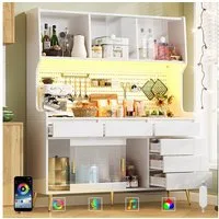 Flieks Küchenbuffet mit LED-Beleuchtung, Lochwand, Glasschiebetüren und 6 Schubladen (1-St., 145x39x171 cm) Hochschrank Küchenschrank Geschirrschrank mit Arbeitsplatte Weiß