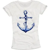 MAKAYA Print-Shirt für Damen mit Ankermotiv Basic Kurzarm Top Weiß Anker Aufdruck (Lässige Frauen, Oberteile) aus Baumwolle