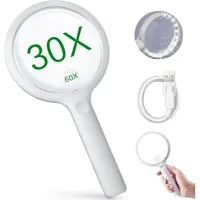 MOPUEA Handlupe Lupe 30/60 fach 110mm Große LED-HandLupe Leselupe mit Licht 3 Modi, 1200mAh Akku erweitertes Sichtfeld, Lesehilfe mit Griff, 1-tlg., Juweliere, wiederaufladbar, Vergrößerungsglas großes Objektiv, für Aktivitäten wie Lesen, Naturbeobac