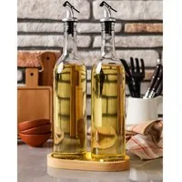 Jungengel Menage-Set 2er-Set 750 ml Öl- und Essigflaschen Ölflaschen Ölkanne, (Set, 2-tlg., 2er Set bestehend aus zwei Glasflaschen mit Ausgießer), Transparente Glasflaschen mit Metall-Ausgießer