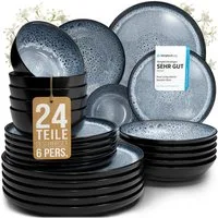 PURE LIVING INTERIOR DESIGN Geschirr-Set Pure Living »Ibiza« (24-tlg), 6 Personen, Steingut, Rauchblau, 6 Personen, Steingut, Mediterrane Handwerksoptik, Reaktive Glasur – jedes Stück einzigartig…