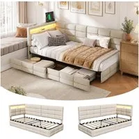 Furnishings Home Polsterbett LED Tagesbett Daybett 90x200cm, Stauraumbett mit Kopfteil (Kopfteil beidseitig montierbar Geeignet für Jungen und Mädchen), mit Lattenrost und Ladefunktion, mit Komforthöhe, Leises Design Bett
