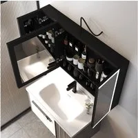 WDWRITTI Badezimmerspiegelschrank 3türig Spiegelschrank bad mit beleuchtung 100cm 90cm (Hängeschrank Schwarz Metall, 100B x 13,5T x 60H cm, 90B x 13,5T x 60H cm) 3Licht, dimmbar, Doppel Spiegel, Anti-Fog