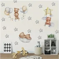 Montegoni Wandsticker 3 Baby Bären mit Sternenballons, Wandsticker für Kinderzimmer (Wandtattoo mit 3 Bären, Sternen und Luftballons für Kinderzimmer, Kreativer Wandaufkleber 3 Baby-Bären mit Sternenballons), wasserdichte, abnehmbare