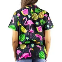 King Kameha Hawaiihemd Flamingo Melone Funky Hawaiibluse Damen Kurzarm Front-Tasche Stylish
