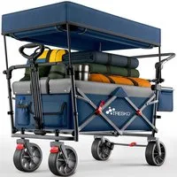 TRESKO Bollerwagen TRESKO Faltbarer Bollerwagen Handwagen (Feststellbremsen (Vorne & Hinten) und 3-Punkt-Gurt, max. belastbar bis 150kg Transportwagen mit Vollgummireifen), Faltbar mit Dach, Kühlfach & Seitenrollos Handwagen
