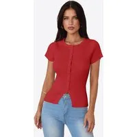 Imily Bela Kurzarmshirt Damen geripptes Strickoberteil Rundhals Knopfleiste Basic Top (Packung, 1-tlg., 1per-Pack) mit geschlitzter Saum in Unifarbe