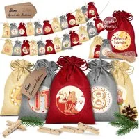 KESSER Adventskalender, Adventskalender zum Befüllen 24 Jutebeutel Stoffbezug gedruckt