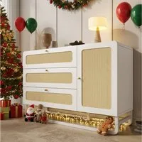 Flieks Kommode Rattanschrank mit 3 Schubladen und 1 Türen (1 St., 120x85x40 cm), Sideboard Mehrzweckschrank mit höhenverstellbare Regale Weiß