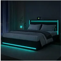Gdood Polsterbett Stauraumbett Doppelbett LED (1-tlg., 4 Schubladen, USB + Type-C), Mit LED-Beleuchtung, Ladeanschluss, Leinen, 140x200 cm