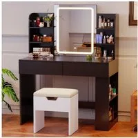 HOMALL Schminktisch mit Spiegel, LED-Beleuchtung, einstellbare Helligkeit, ostern (Langex Brete x Hthe) 90/110 x 40x 135 cm. B ofene Facher (2 seitiche Facher sind nach inks und rechts verschiebban. 2 groBe Schubladen)