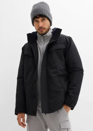 bonprix Wasserdichte Funktionsjacke mit Roll-in-Kapuze und Schulterklappen, schwarz, Gr.68/70 (4XL), Moderne Funktionsjacke mit praktischer Roll-in-Kapuze, Schulterklappen, vier Außen- und einer Innentasche