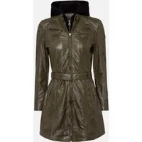 Keskin Collection Lederjacke Lederjacke Ledermantel Olive mit Kapuze abnehmbar und mit Gürtel Kapuze abnehmbar
