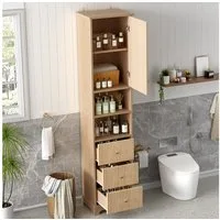 Yorbay Badkommode Badezimmerschrank 172 cm Naturholz mit 3 Schubladen und Tür Bad, Schmaler Badschrank mit 4 geschlossenen Staubereichen