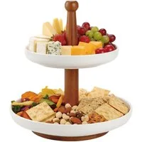 Cheffinger Etagere mit 2 Keramiktellern - Bambus-Servierständer für Gebäck & Snacks, Bambus., Keramik, (3-tlg)