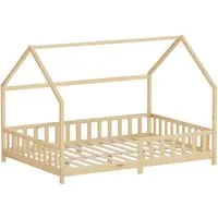ML-DESIGN Spielbett Hausbett Kinderbett inkl. Lattenrost kreativ Bodenbett für Kinder, Abenteuerbett zum Spielen mit Rausfallschutz Kiefer Natur Himmelbett