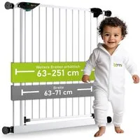 BOMI Türschutzgitter Kinderschutzgitter ohne Bohren Mira 63-251 cm, Treppengitter Metall (verschiedene Größen, geprüftes Treppenschutzgitter ohne Bohren mit Sicherheitsverschluss), Babygitter selbstschließend & mit 90 Grad Feststellfunktion der Tür