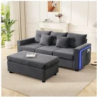 Merax 3-Sitzer L-förmiges Sofa mit LED-Beleuchtung, Wolkenweiches Sitzgefühl, Modulares Design, Cordstoff 1 Teile, 3-Sitzer Sofa mit Extra großer Ottoman, Seitentaschen & 2 Zierkissen