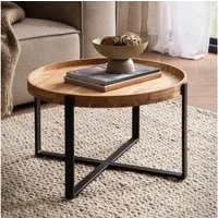 FINEBUY Couchtisch FB108491 Akazie Massivholz rund 60cm Wohnzimmertisch Kreuzgestell (60x60x36 cm Sofatisch Akazie Massivholz Modern), Wohnzimmertisch Rund Kaffeetisch Industrial