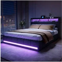 PXloue Polsterbett LED Doppelbett Stauraumbett, mit USB-Laden und Stauraum am Kopfteil,Leinen,140x200 cm