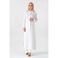 fashionshowcase Longtunika Damen lange Tunika verdeckte Knopfleiste Modest elastisch elegant minimalistischer Look, fließender Fall, ideal für Modest Outfits