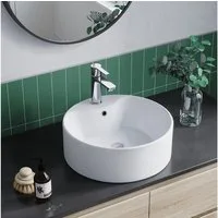 AQUALAVOS Aufsatzwaschbecken Keramik Waschbecken Rund Ø41cm Mit Hahnloch Überlauf für Bad Gäste-WC, Montage auf stabilen Platten, Waschtischen oder Unterschränken