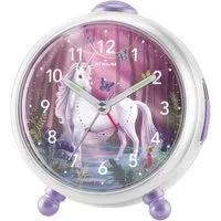 Atrium Kinderwecker A932-0 Miraluna Analog Quarz leise Licht Snooze Mädchen Einhorn Lila Geschenk Ø10,5cm