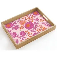 OnlyWow Tablett Rechteckig mit Henkel Florales Muster - Rosa - Orange - Blumen, Eichenholz, (1-tlg), Siervierplatte, Tray, Frühstücksbrett