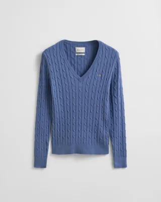 GANT - Zopfstrick V-Neck Pullover aus Stretch-Baumwolle faded denim - Gr. - L