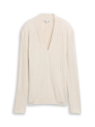 Tom Tailor - Cosy Langarmshirt mit V-Ausschnitt sand stone beige melange - Gr. - XL
