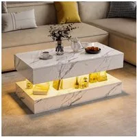 BELUPAI Couchtisch Wohnzimmertisch Hochglanz Tischplatte in Marmoroptik mit LED (Beistelltisch mit LED-Beleuchtung, Kaffeetisch mit 2 versteckten Schubladen), Sofatisch für Wohnzimmer, Schlafzimmer, Büro,Weiß