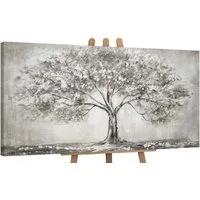 YS-Art Gemälde Lebensbaum, Landschaft, Leinwand Bild Handgemalt Grau Lebensbaum Natur Familie