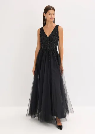 bonprix Maxikleid aus feinem Tüll mit Paillettenstickerei, schwarz, Gr.48, Modern und feminin: Abendkleid in Maxi-Länge aus feinem Tüll mit weitem Rock und im Oberteil mit wunderschöner Paillettenstickerei dekoriert