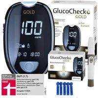 GlucoCheck Blutzuckermessgerät GlucoCheck GOLD Starter-Set mit 60 Teststreifen mg/dl