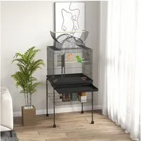 PawHut Vogelkäfig Wellensittichkäfig mit Tablett, Ablagefläche, Futterstation, für Kanarienvögel, Stahl 63 x 53 x 144 cm Schwarz