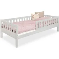 Ehrenkind Kinderbett Lille aus massivem Kieferholz inkl. Rollrost und Rausfallschutz (90x200 cm Hellgrau, 2-in-1: Mit optionalem Umbauset zum Bodenbett umbaubar), flexibler Rausfallschutz beidseitig montierbar