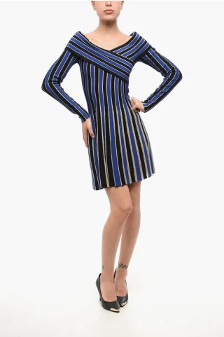 Gestreiftes Kleid mit Lurexbesatz in Blau, Schwarz