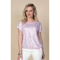 Passioni T-Shirt in Rosa, mit silbernen Markenlabel Schriftzügen und Glitzersteinen