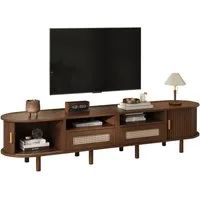 SeedWave Lowboard Ovaler TV Schrank mit 2 Schiebetüren, Schubladen mit Rattanfront, Fernsehschrank mit 8 Massiveholzfüßen, Rückprallvorrichtung