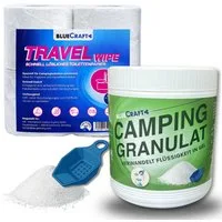 BlueCraft Campingtoilette Camping Granulat-Set 900g Absorber & 4er-Pack Toilettenpapier Outdoor, (inkl. Dosierlöffel & 4er Pack Toilettenpapier), Nimmt bis zu 500-fach Flüssigkeit auf