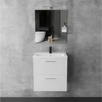 Vitra Badmöbel-Set mit Waschbecken und LED Badspiegel – Waschtisch mit Unterschrank, (Waschbecken mit Unterschrank 60 cm Breit, Waschbeckenunterschrank Weiss), Badezimmerschrank mit Spiegel mit Beleuchtung