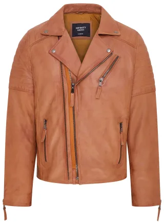 Hellbraune Brando-Leder-Bikerjacke mit doppeltem Kreuzreißverschluss für Herren – Fagernes