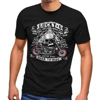 MoonWorks Print-Shirt Herren T-Shirt Biker Shirt Lucky 6 Totenkopf Pik Motorrad Shopper USA mit Print