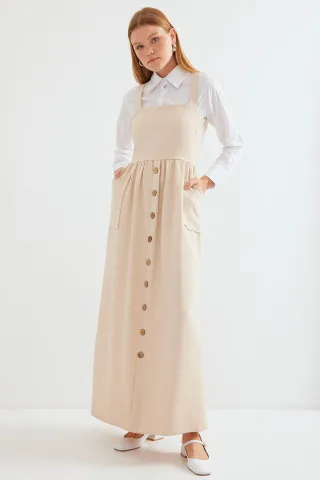 Maxikleid mit Quadratkragen in A-Linie und Knopfverschluss