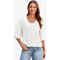 Imily Bela Kurzarmpullover Damen Lässige Strickpullover mit Knöpfen (Packung, 1-tlg., 1per-Pack) mit V-Ausschnitt
