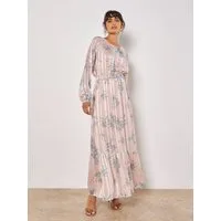 Apricot Maxikleid Silhouette Floral Satin Schimmer Maxi Kleid mit Plisseefalten