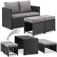 tectake Sitzgruppe 2-in-1-Rattanlounge-Set, höhenverstellbare Tischfüße, (Rattansitzmöbel Monopoli, 3-tlg., in schwarz), Tisch mit Lamellen, Belastbarkeit Bank 250 kg, Tisch 100 kg